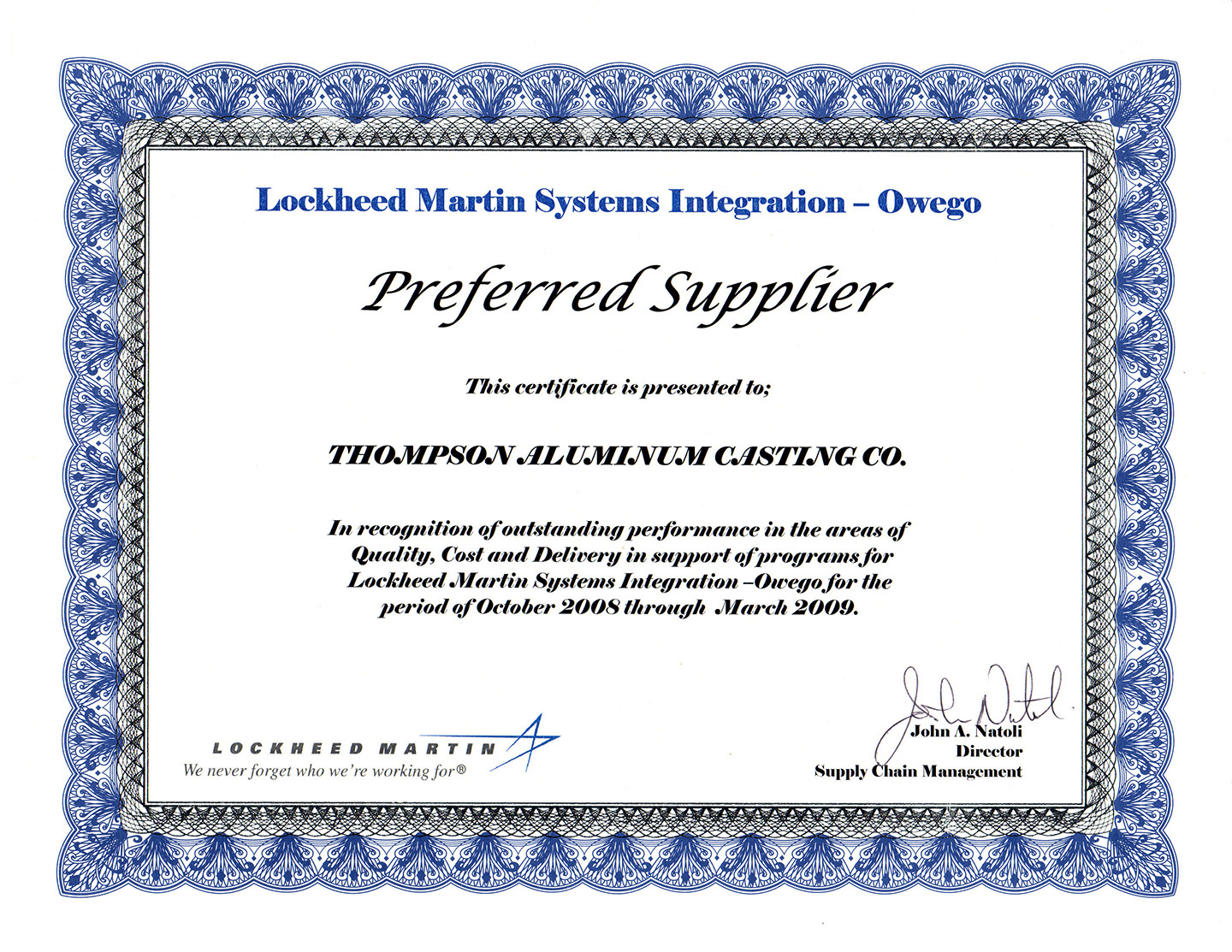 Image of Lockheed Martin preferred supplier certificate presented to Thompson Aluminum Casting